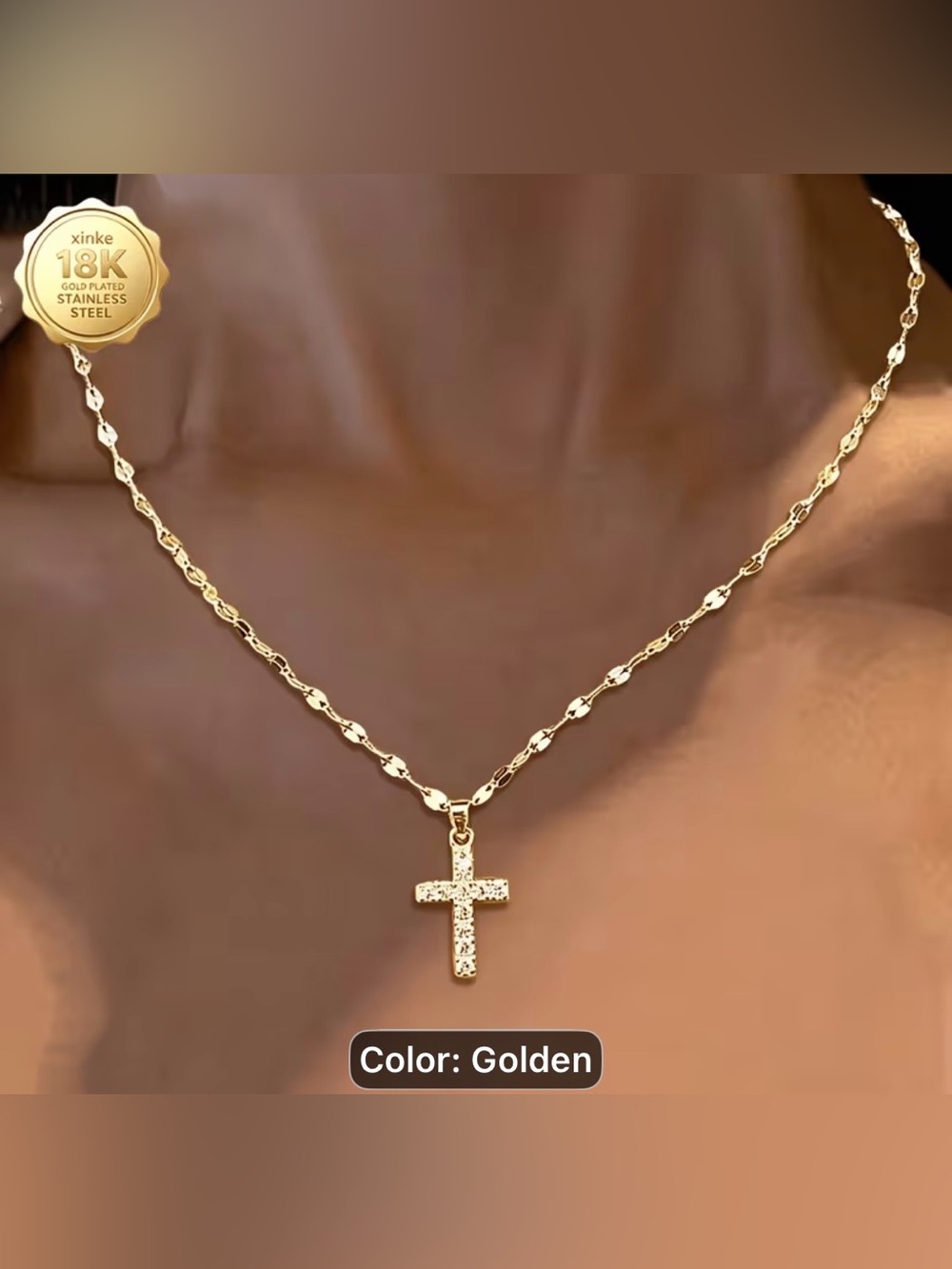 18k High quality stainless Steel Gold plated Anti-wear/Fade Cross Necklace